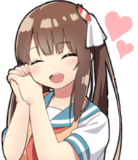 an anime girl holding her hands together at her face and smiling warmly.